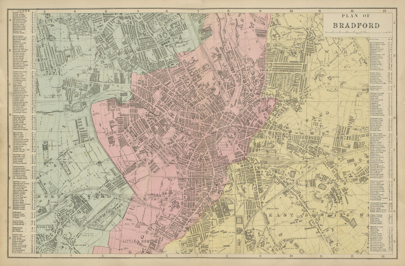 BRADFORD Manningham Undercliff Horton Bowling town city plan GW BACON 1885 map